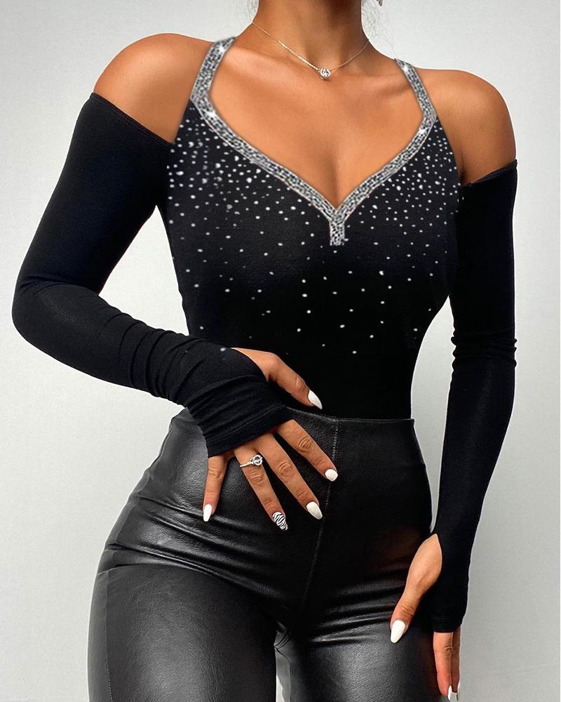 

Rhinestone Decor Cold Shoulder Skinny Top, Black