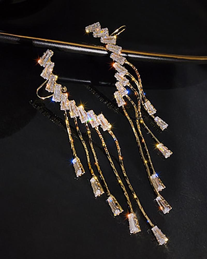 

1Pair Rhinestone Tassel Design Earrings, Gold