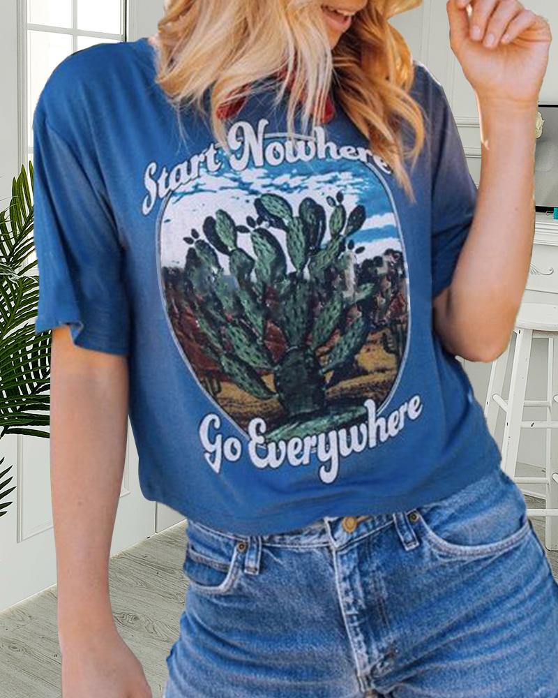 

Cactus & Letter Print Short Sleeve T-shirt, Blue