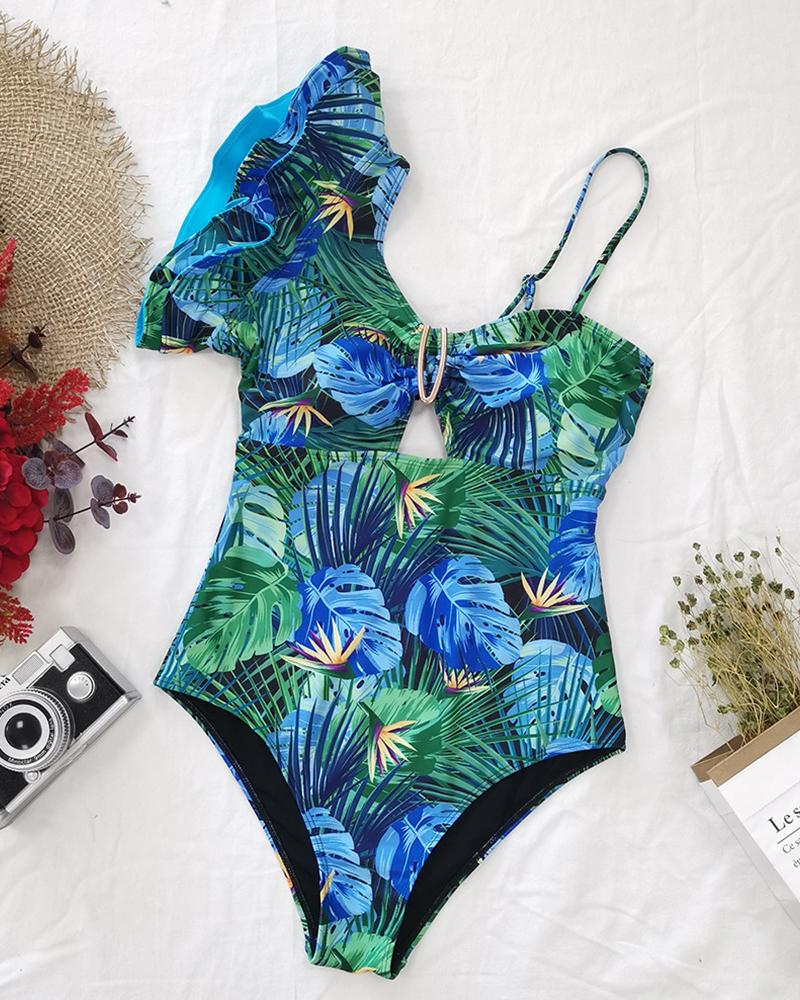

Tropical Print Cutout Ruffles One Piece Swimwear, Green