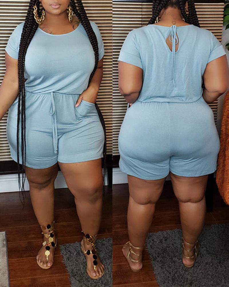 

Plus Size Short Sleeve Tied Detail Romper, Lighted blue