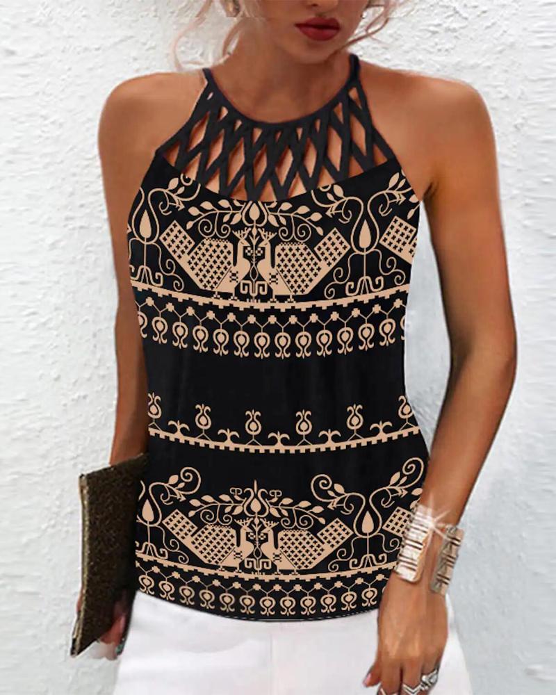 

Tribal Print Hollow Out Tank Top, Black
