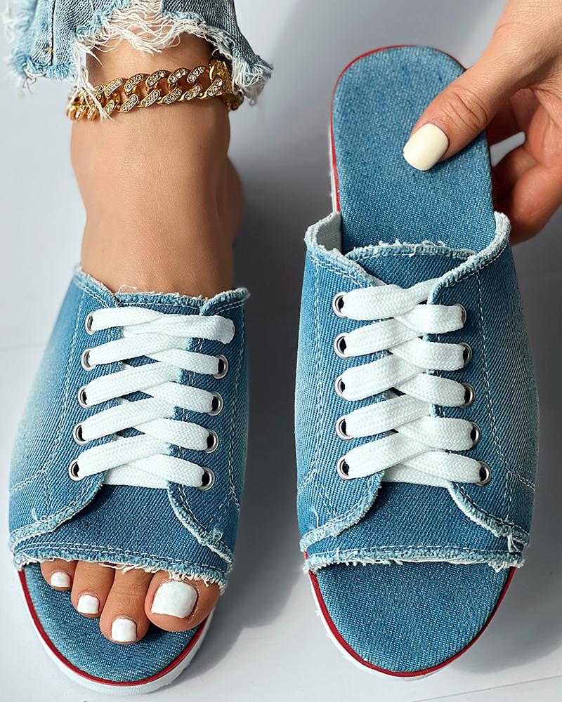 

Eyelet Lace-up Peep Toe Fringe Hem Slippers, Lighted blue