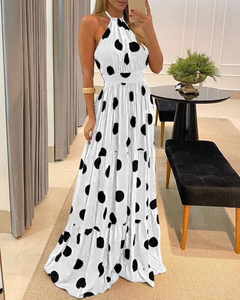 

Polka Dot Print Halter Backless Ruched Maxi Dress, White