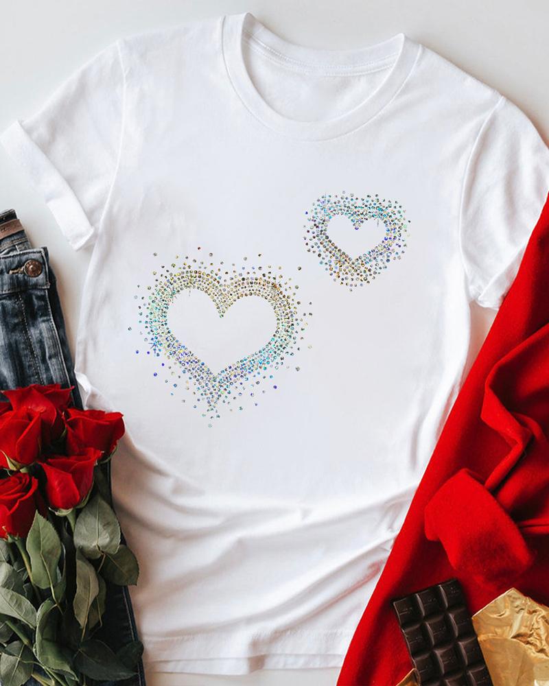 

Valentine's Day Rhinestone Decor Heart Pattern Top, White