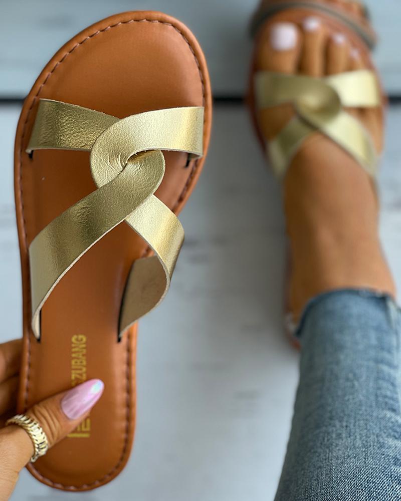 

Double Strap Cutout Slide Slippers, Gold