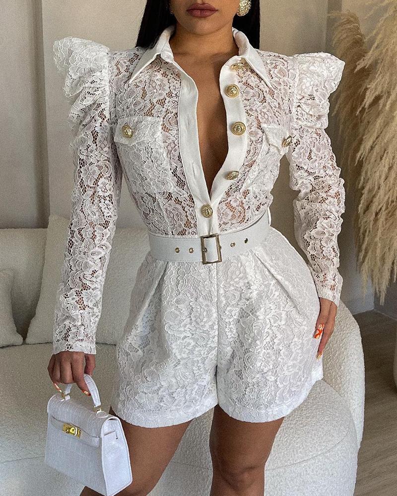 

Puff Sleeve Buttoned Lace Romper, White