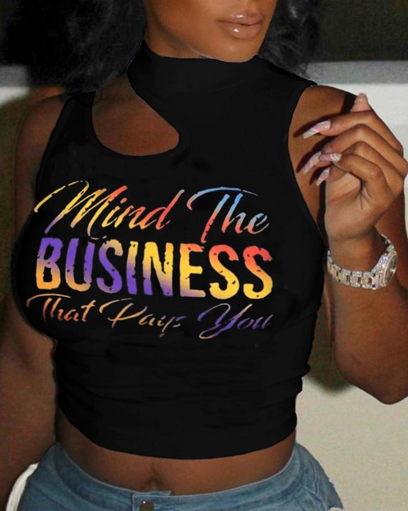 

Mind The Business That Pays You Print Cutout Crop Tank Top, Black