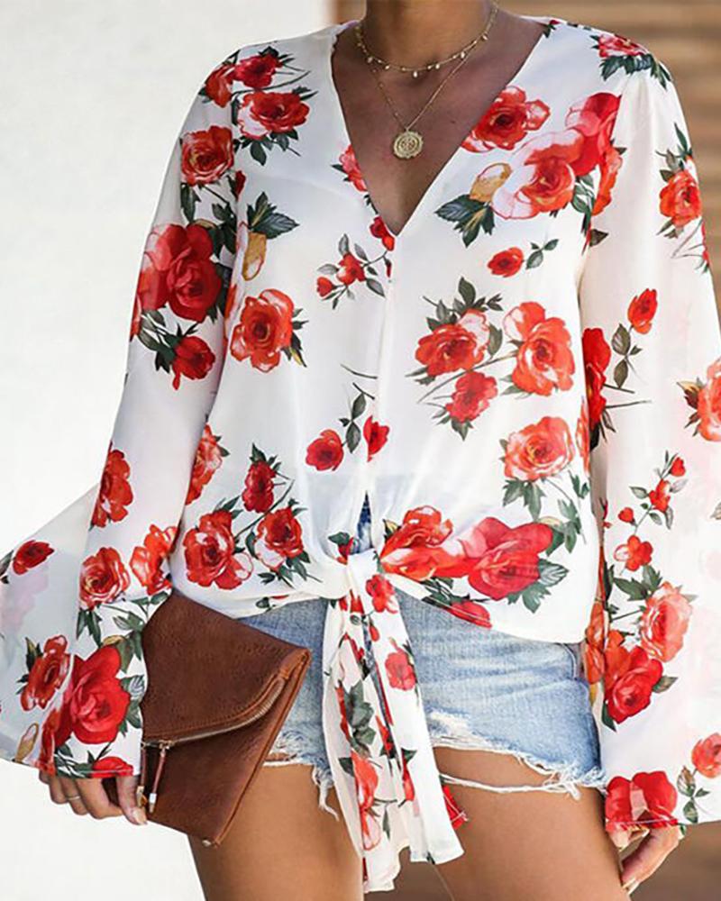 

Floral Print Long Sleeve Blouse, White