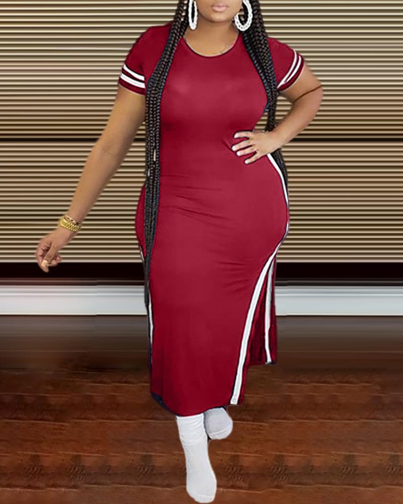 

Plus Size Striped Print Maxi Slit Dress, Wine red