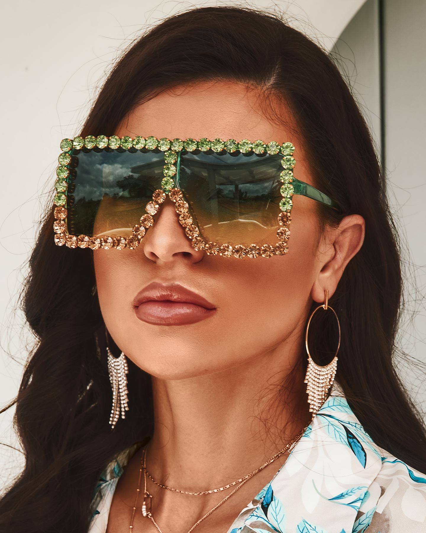 

1Pair Rhinestone Decor Square Frame Flat Top Sunglasses, Green