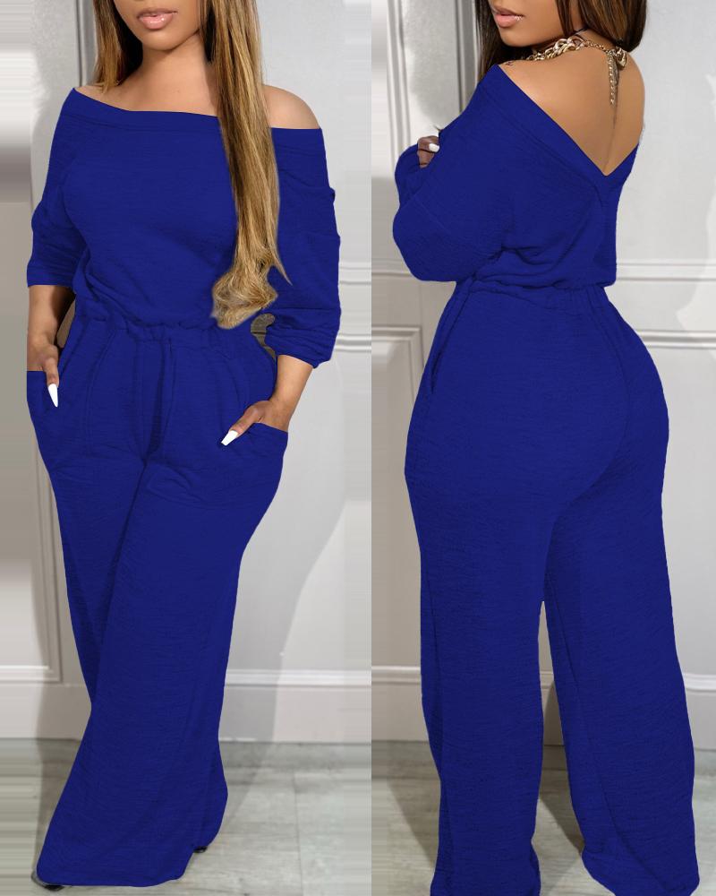 

Combinaison à épaules dénudées et dos en V avec poche à la taille extensible, Blue