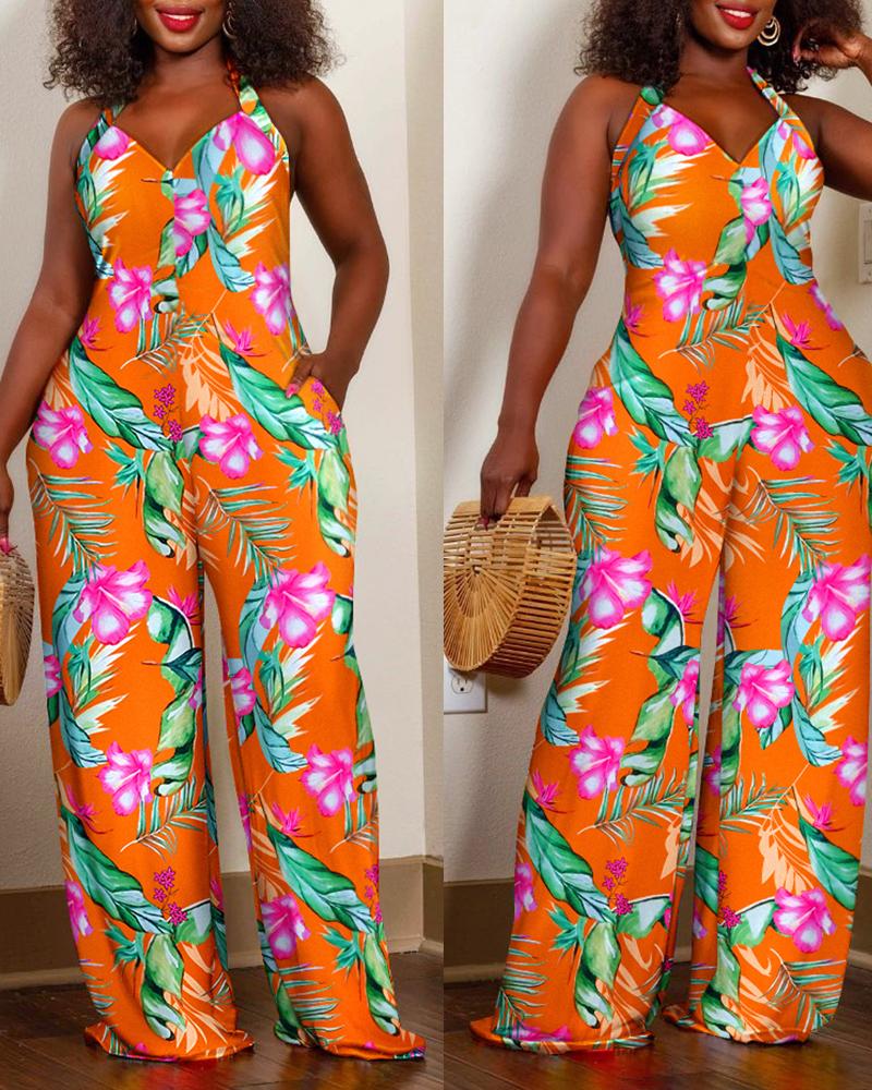 

Tropical Print Halter Backless Wide Leg Jumpsuit, Multicolor