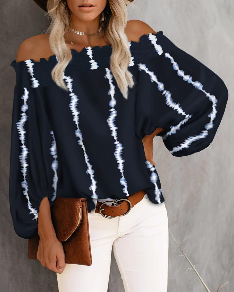 

Tie Dye Print Shirred Off Shoulder Lantern Sleeve Top, Purplish blue