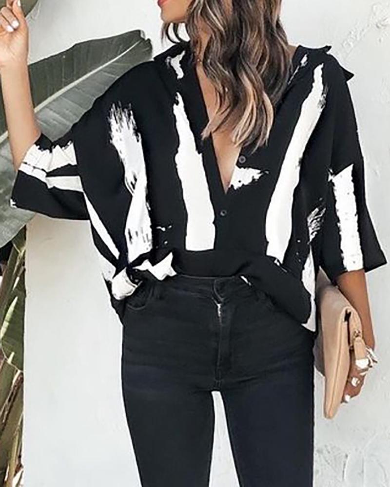 

Striped Print Colorblock Long Sleeve Top, Black