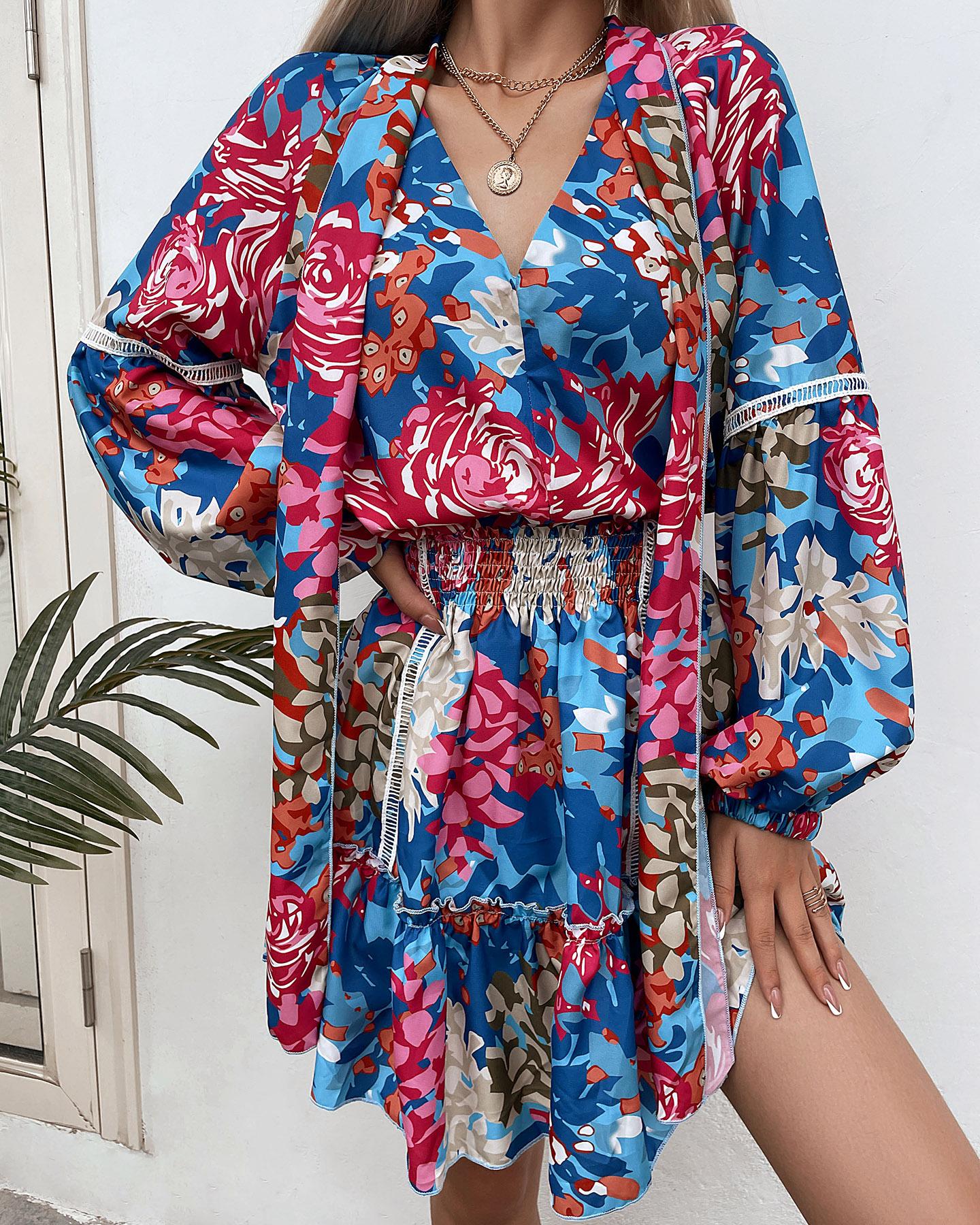 

Floral Print Tie Detail Frill Hem Lantern Sleeve Top & Skirt Set, Multicolor