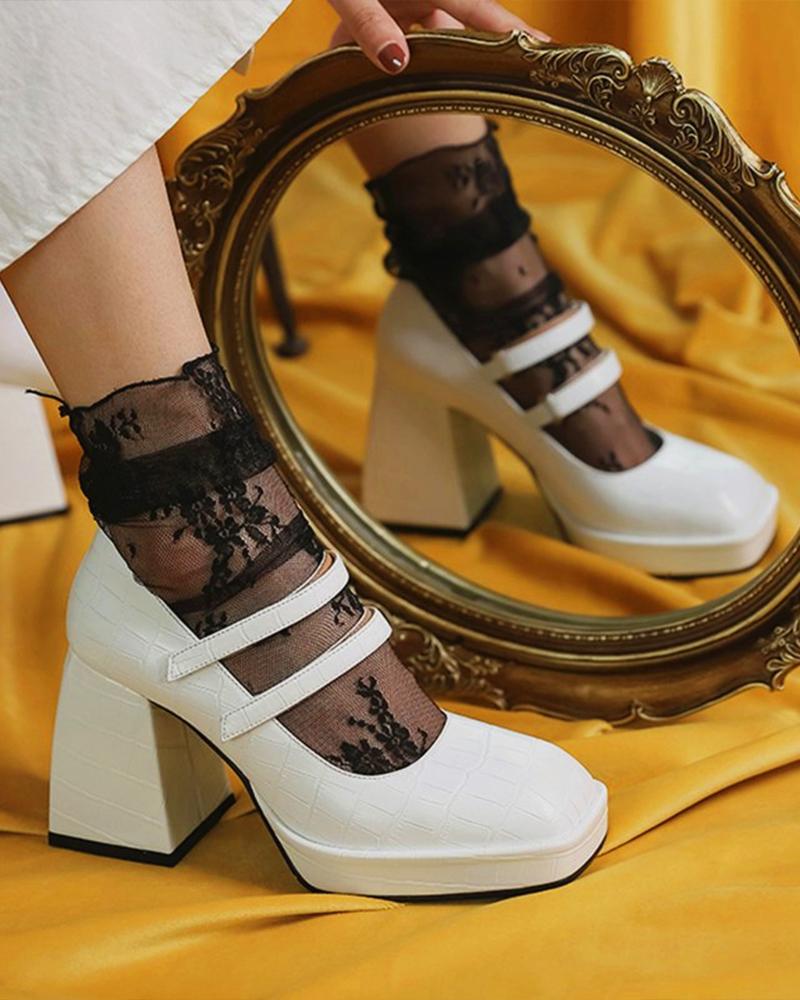

Solid Square-toe Block Heel Double Bandage Jenny Shoes, White