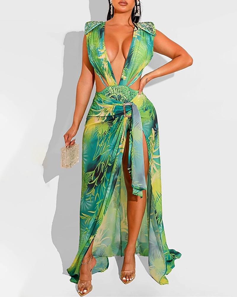 

Tropical Print Backless Cutout One Piece Swimsuit With Cover Up Skirt, Green