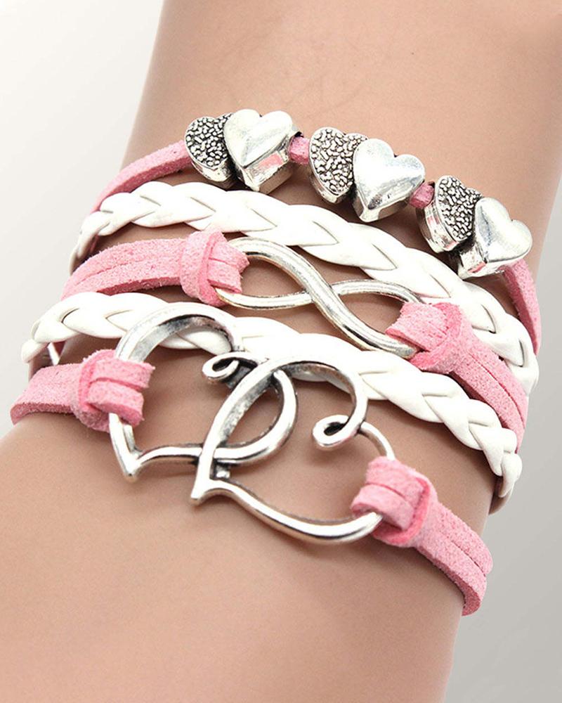 

1pc Pink Double Heart Braided Leather Bracelet, Style2