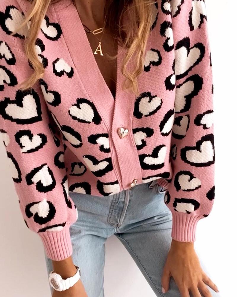 Kaufen Heart Print Button Front Long Sleeve Cardigan. Bild