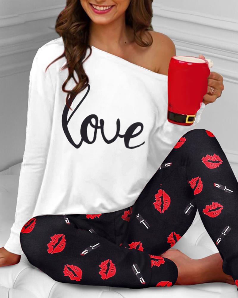 

Valentine' Day Lip Letter Print Long Sleeve Pajamas Set, White