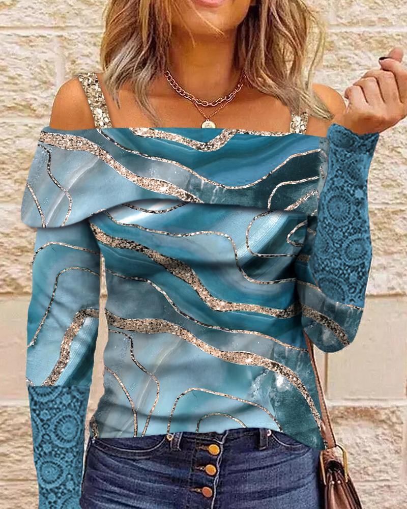 

Marble Print Contrast Lace Cold Shoulder Top, Blue