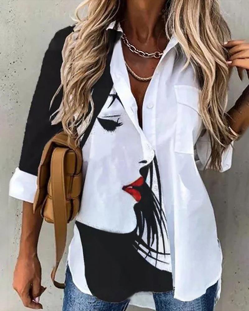 

Abstract Figure Print Long Sleeve Button Down Shirt, White