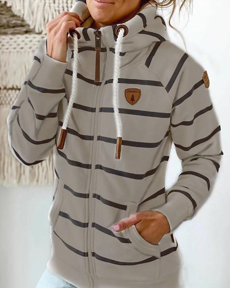 

Striped Zipper Pocket Design Hooded Coat, Gray