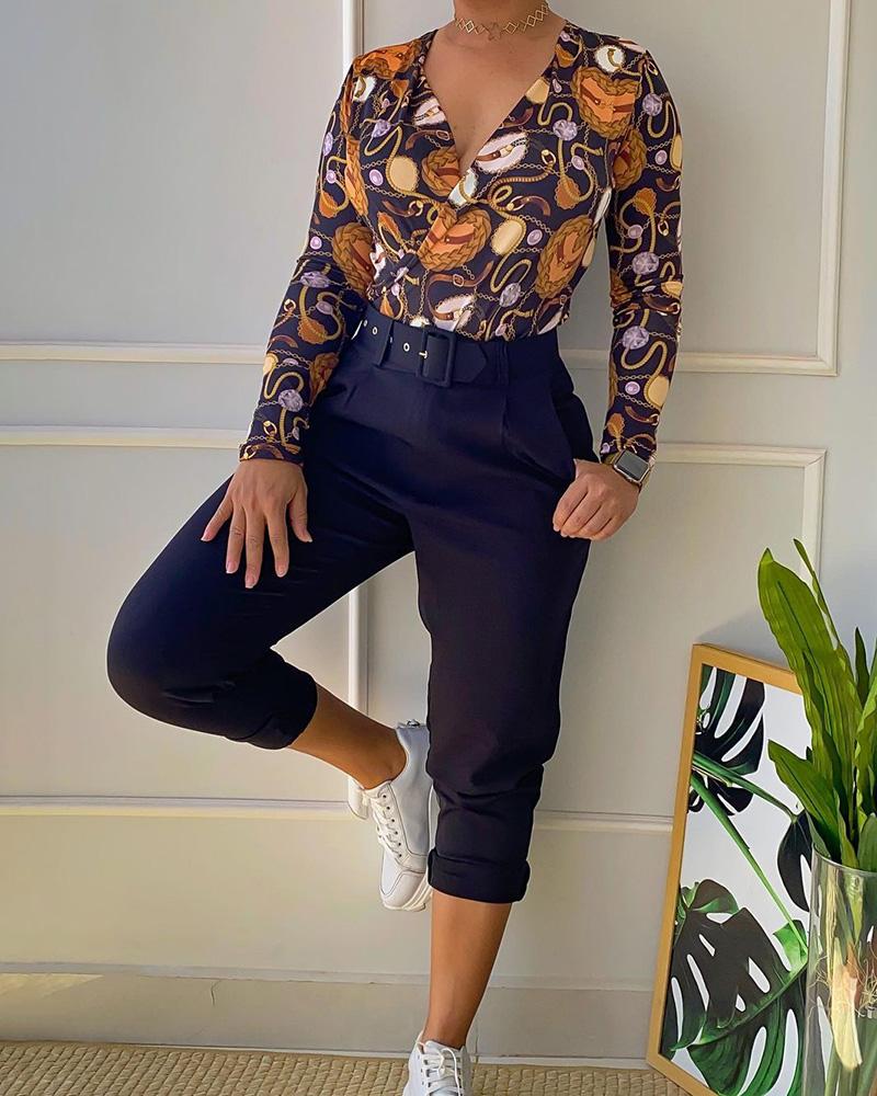 

Chain Graphic Print Top & Pocket Design Pants Set, Multicolor