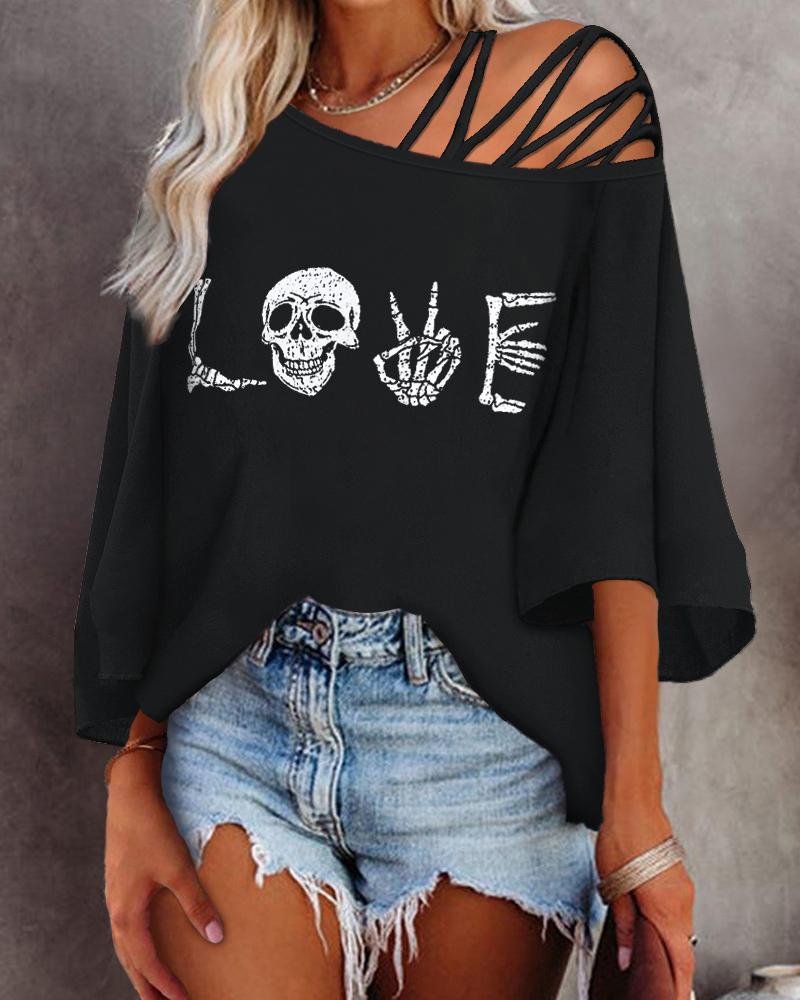 

Halloween Graphic Print Cold Shoulder Bell Sleeve Top, Black