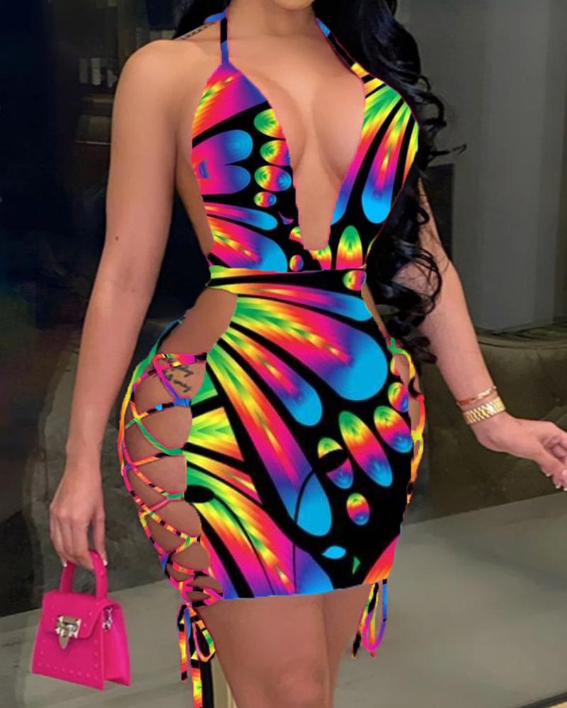 

All Over Print Halter Lace-up Bodycon Dress, Multicolor