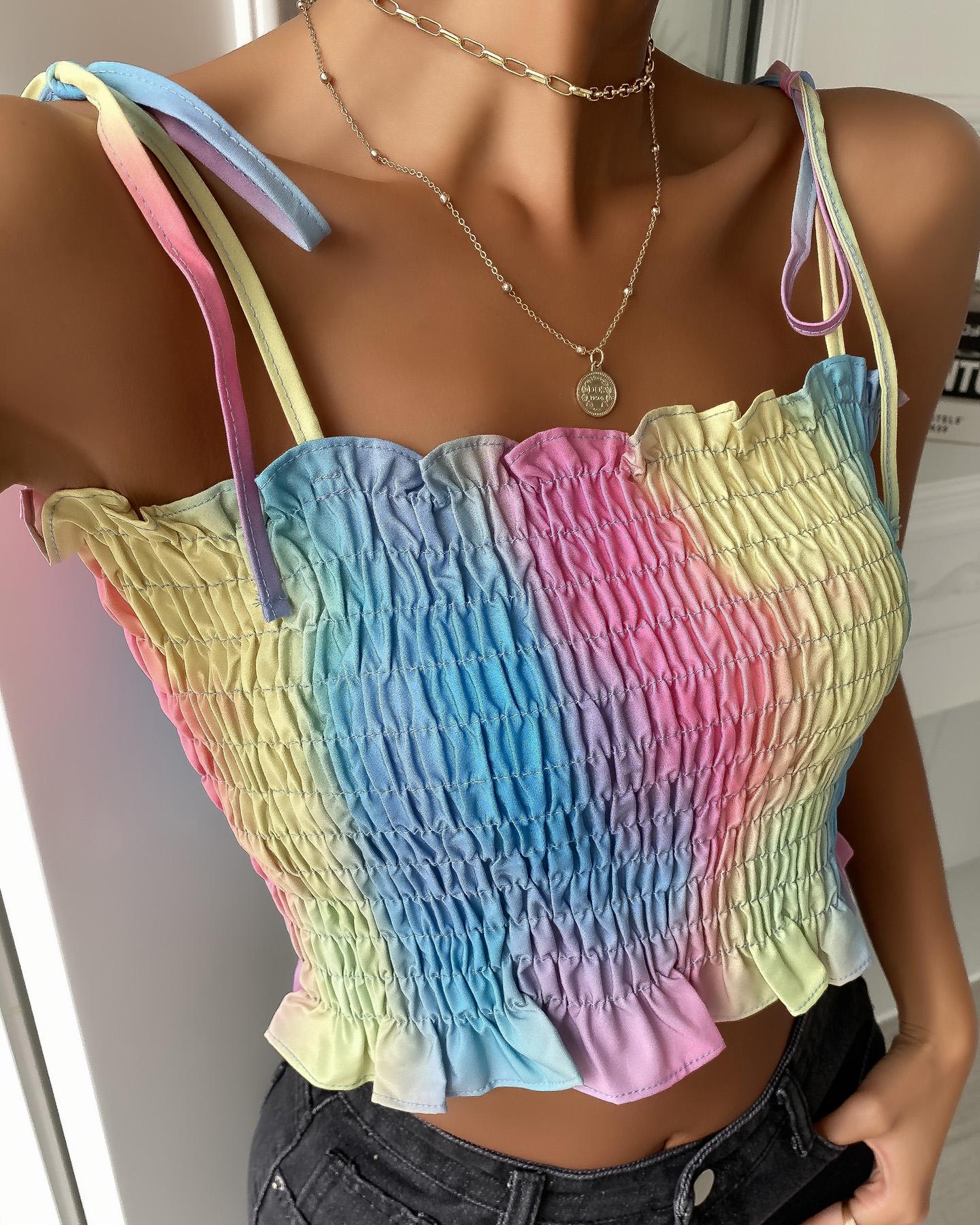 

Tie Dye Print Sling Ruched Cropped Tank, Multicolor