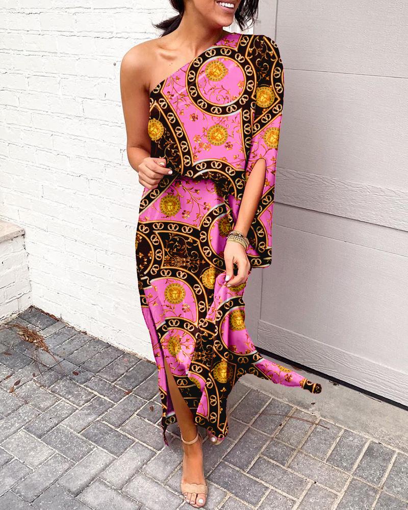 

Scarf Baroque Print One Shoulder Split Hem Maxi Dress, Pink
