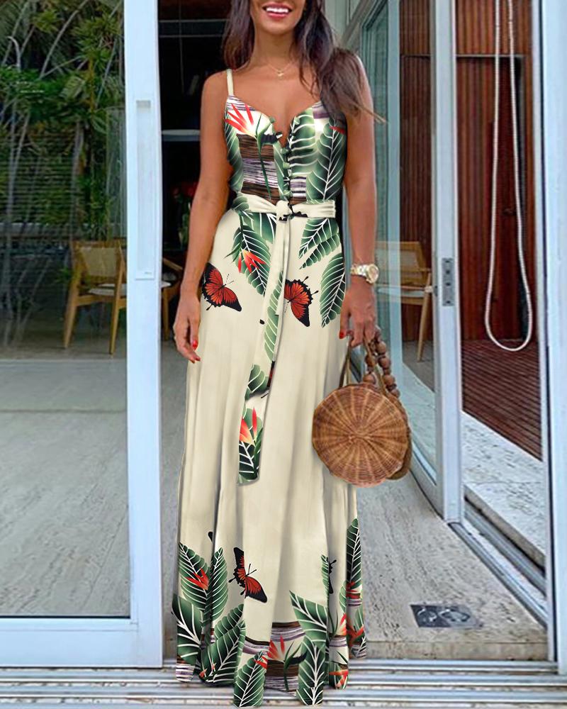 

Tropical Butterfly Print Plunge Maxi Dress, Multicolor