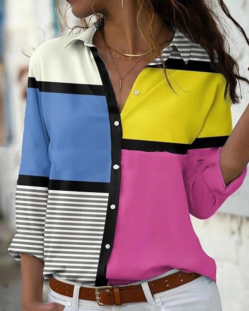 

Colorblock Striped Print Button Decor Top, Multicolor
