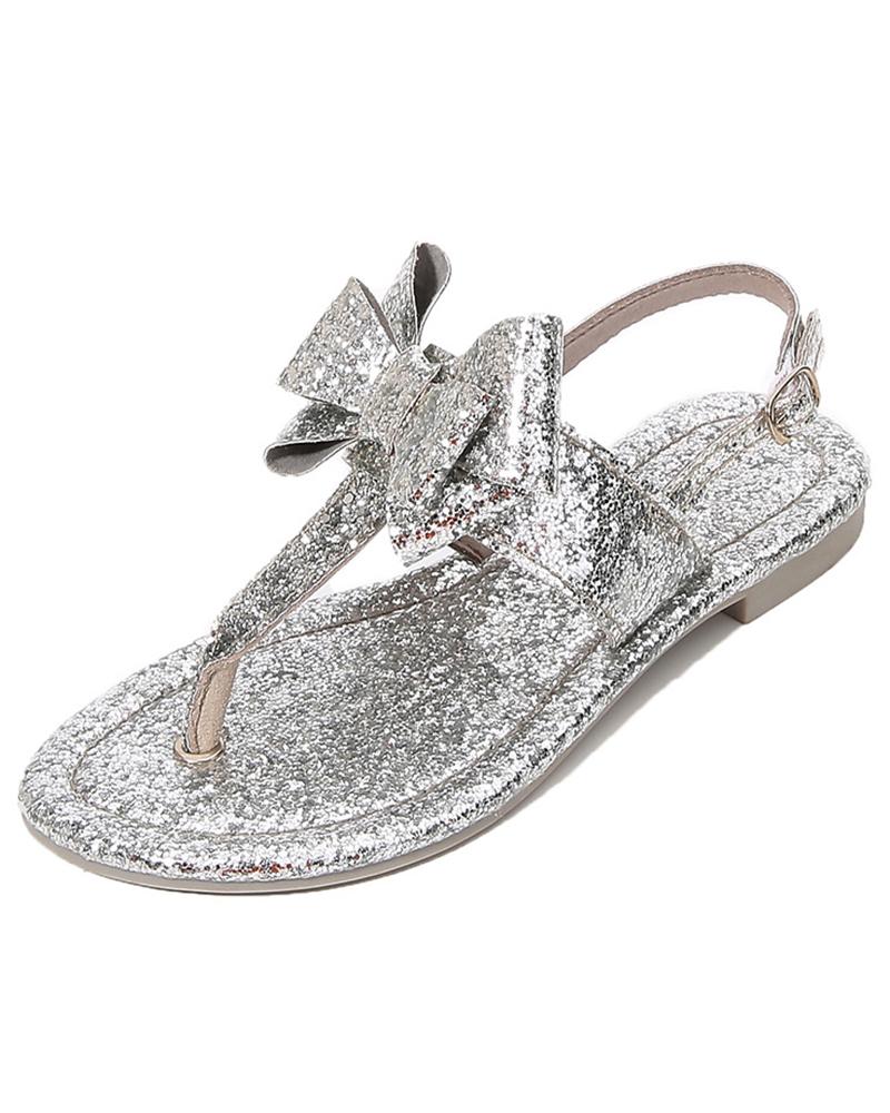 

Sequin Bowknot Decor Flip Flops Wedding Guest Shoes, Silver