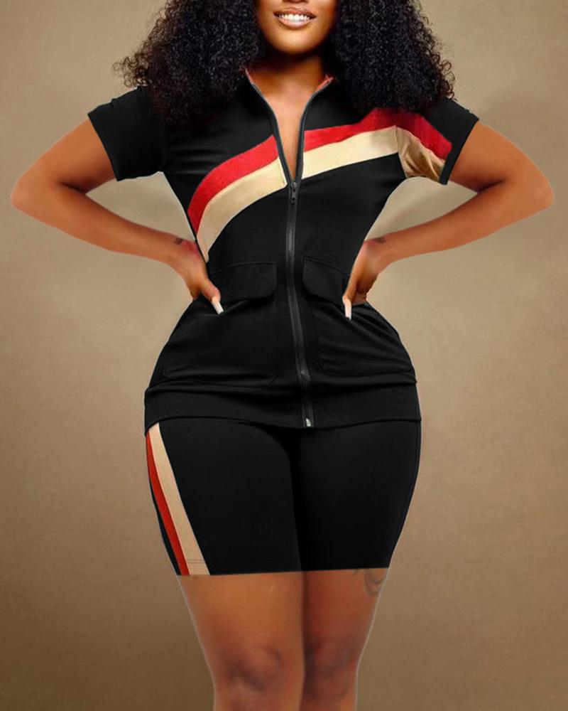 

Striped Zipper Fly Top & Shorts Set, Black