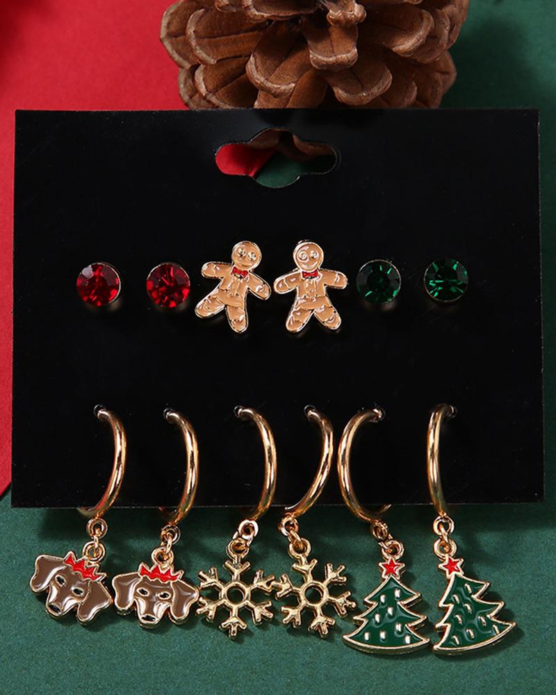 

6Pairs Gingerbread Man Snowflake Shaped Graphic Geometric Drop Earrings Set, Red