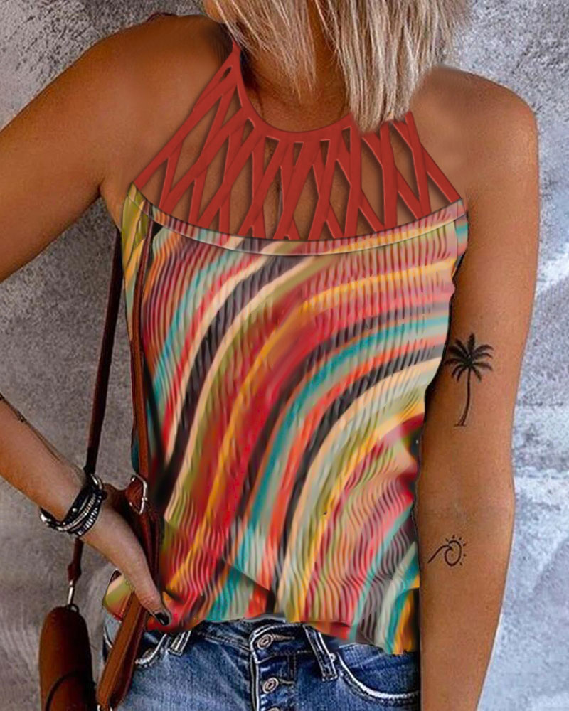 

Rainbow Stripe Print Hollow Out Tank Top, Multicolor