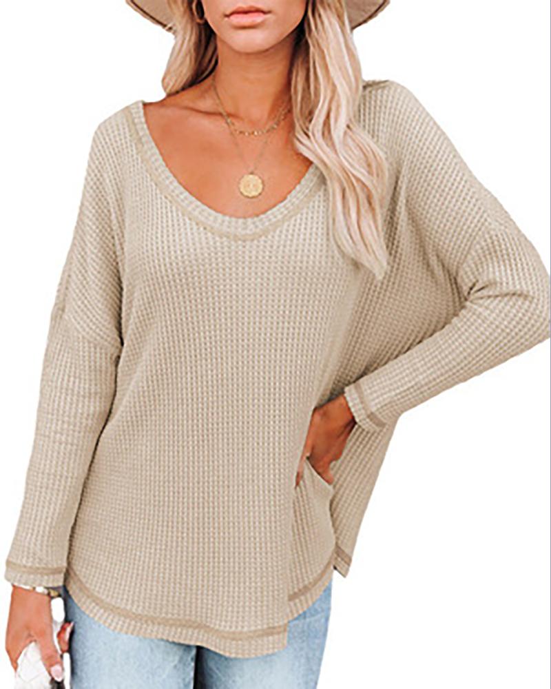 

Long Sleeve V Neck Casual Top, Khaki