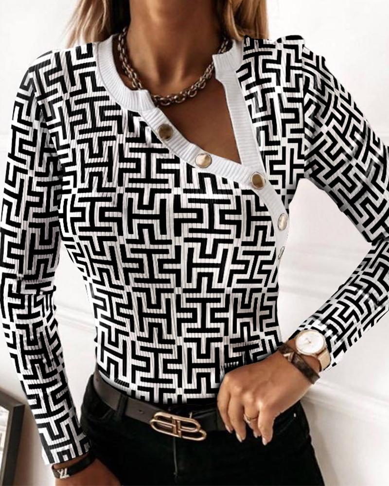 

Geo Print Button Detail Long Sleeve Ribbed Top, Blackwhite