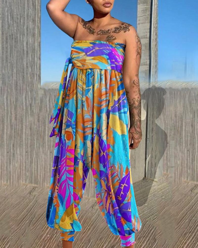 

Tropical Print Tied Detail Bandeau Ruched Jumpsuit, Multicolor