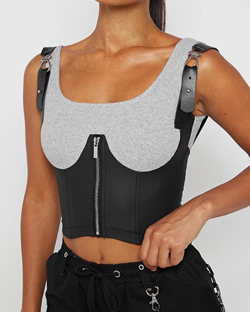 

Zipper Design PU Leather Patch Crop Top, Gray