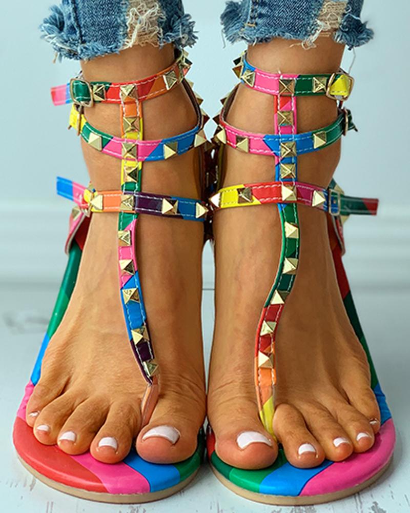 

Colorblock Rivet Ankle Strap Toe Post Flat Sandals, Multicolor