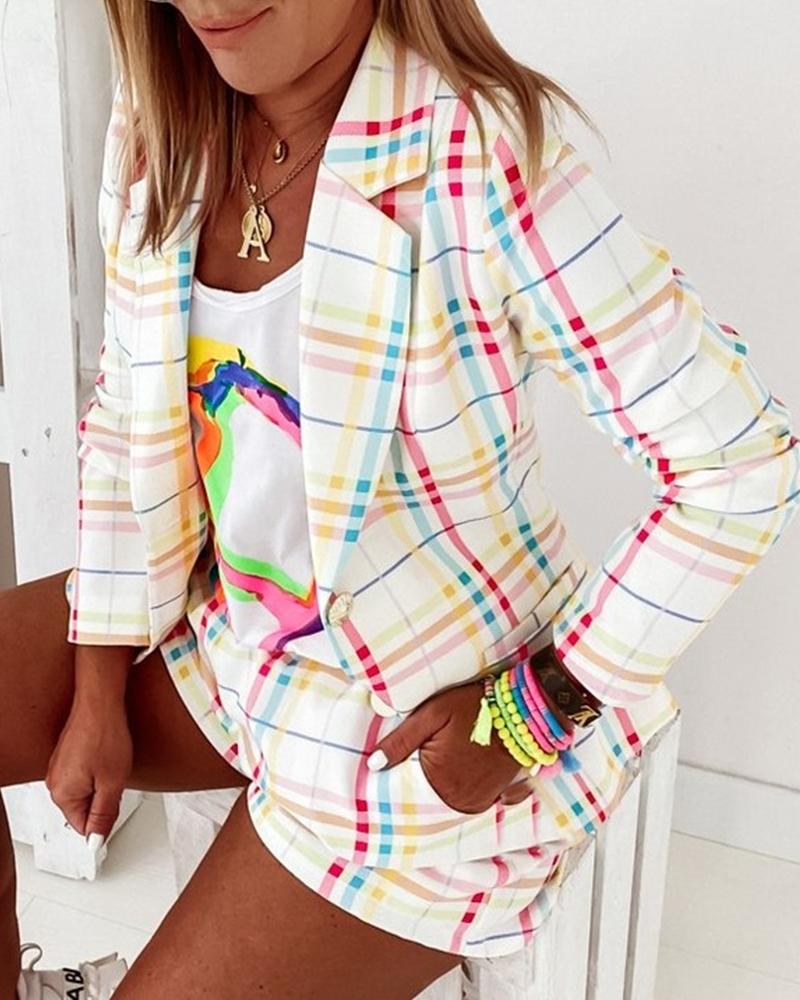 

Colorful Plaid Lapel Collar Double Button Blazer & Shorts Set, Style1