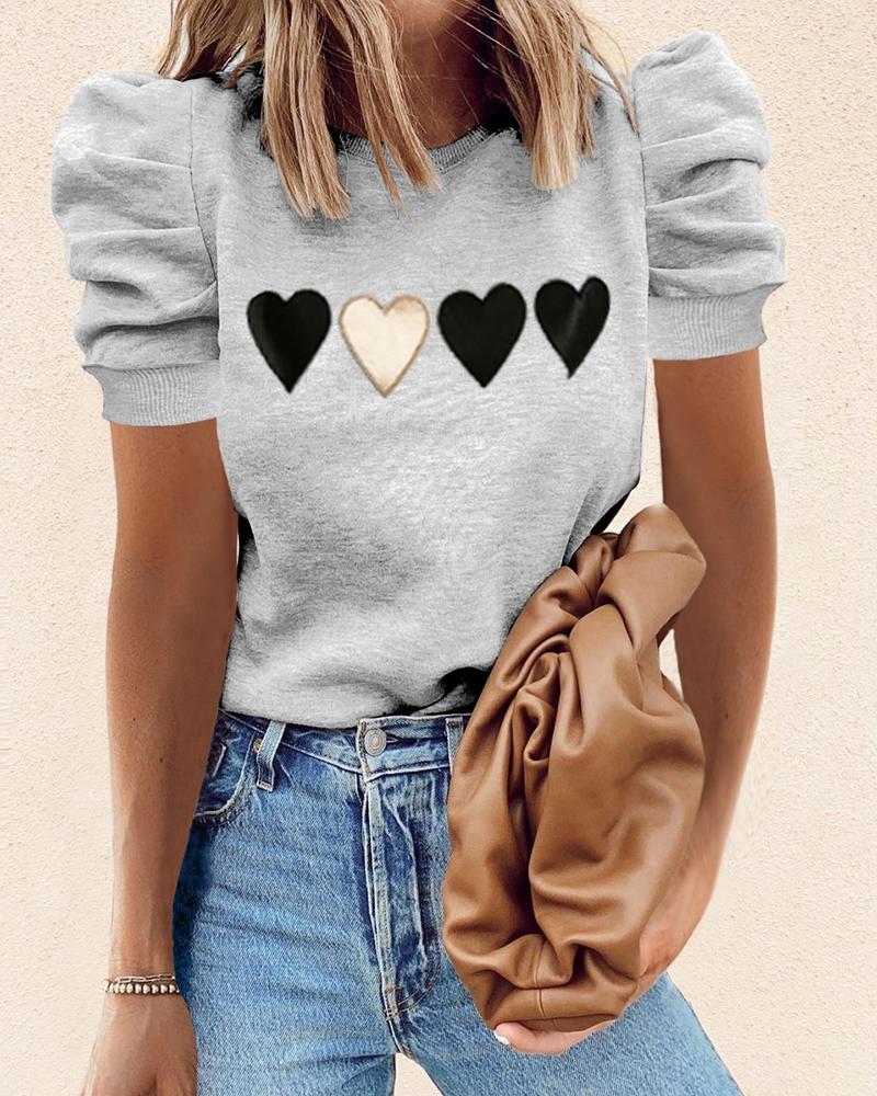 

Heart Print Puffed Sleeve Short Sleeve T-shirt, Gray