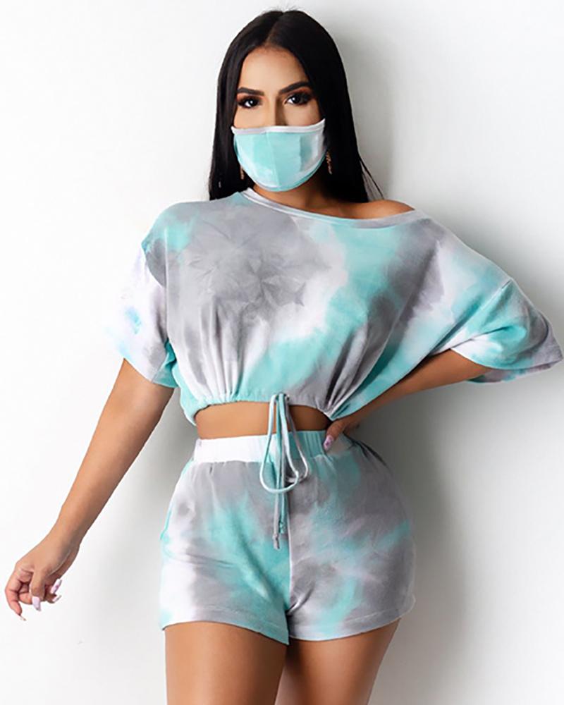 

Tie Dye Print Drawstring Ruched Top With Face Bandana & Shorts Set, Blue