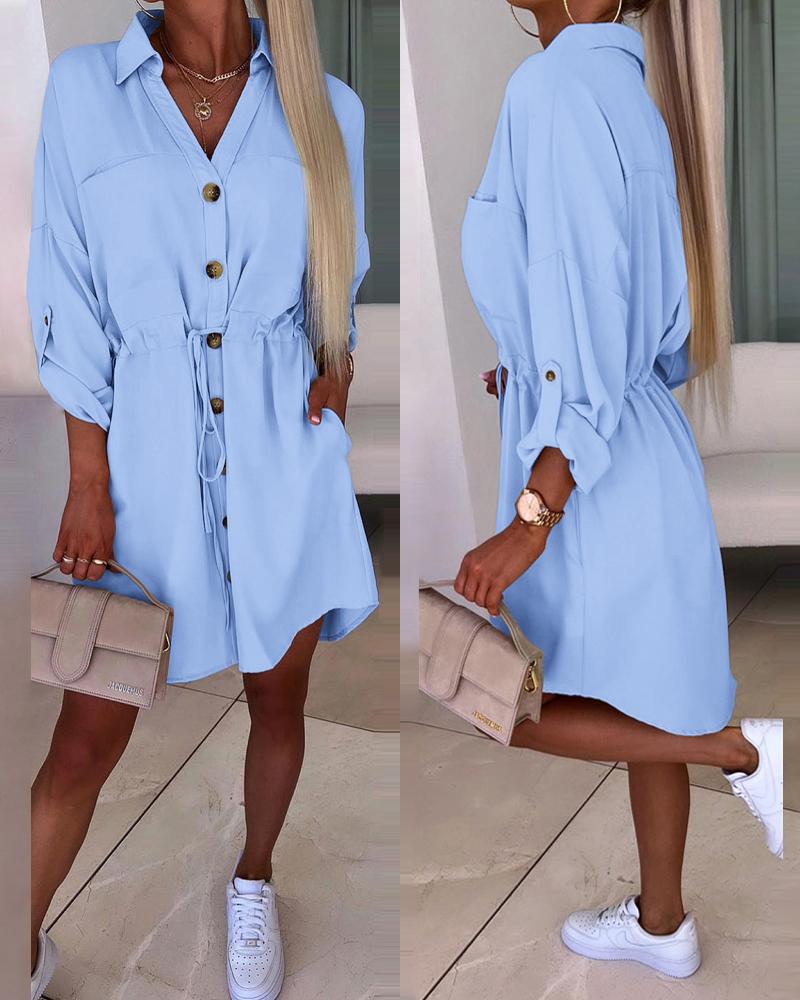 

Roll Up Sleeve Buttoned Shirt Dress, Blue