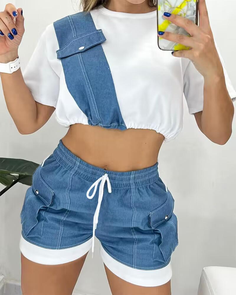 

Colorblock Patchwork Crop Top & Drawstring Shorts Set, Blue
