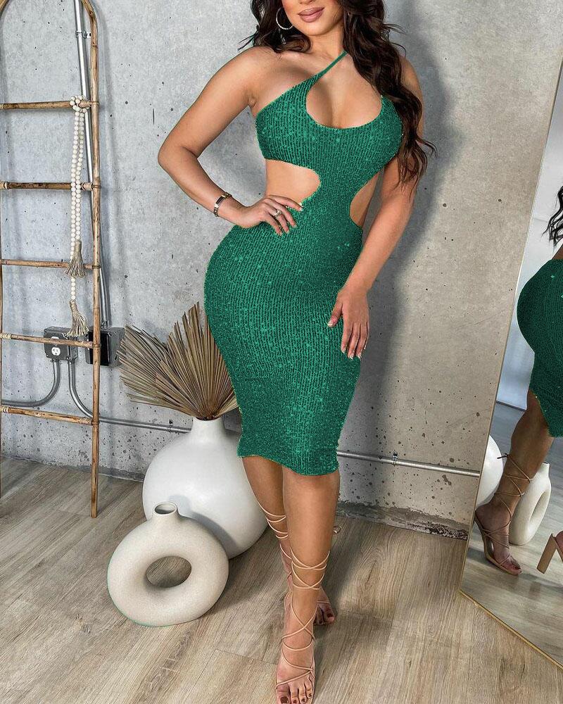 

One Shoulder Cutout Sequin Dress, Green